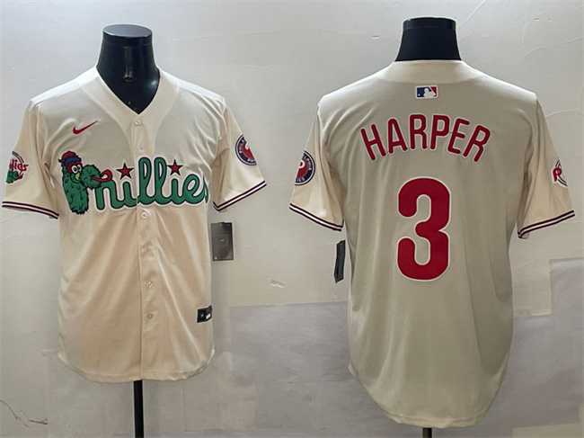 Mens Philadelphia Phillies #3 Bryce Harper Cream Phanatic Limited Stitched Jersey